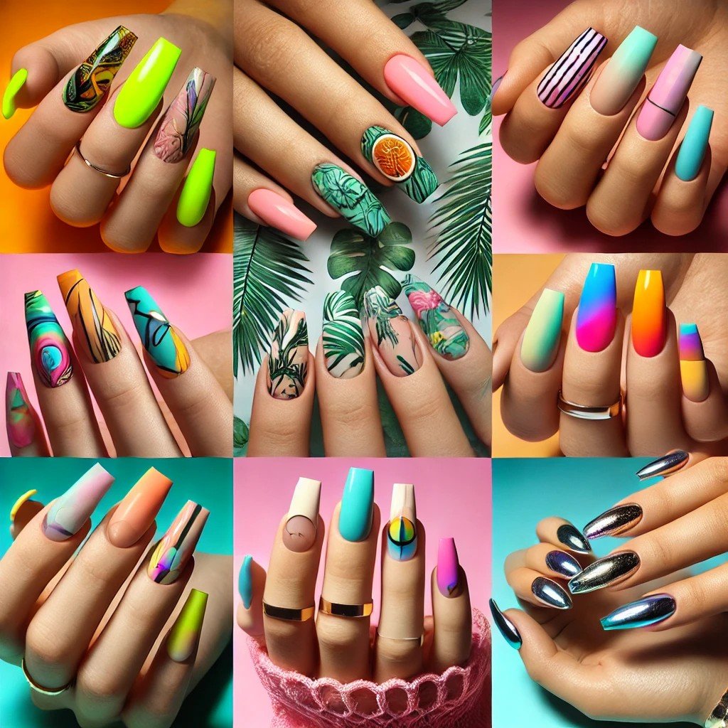 Vibrant summer nail designs showcasing trendy patterns and bold colors for the season.