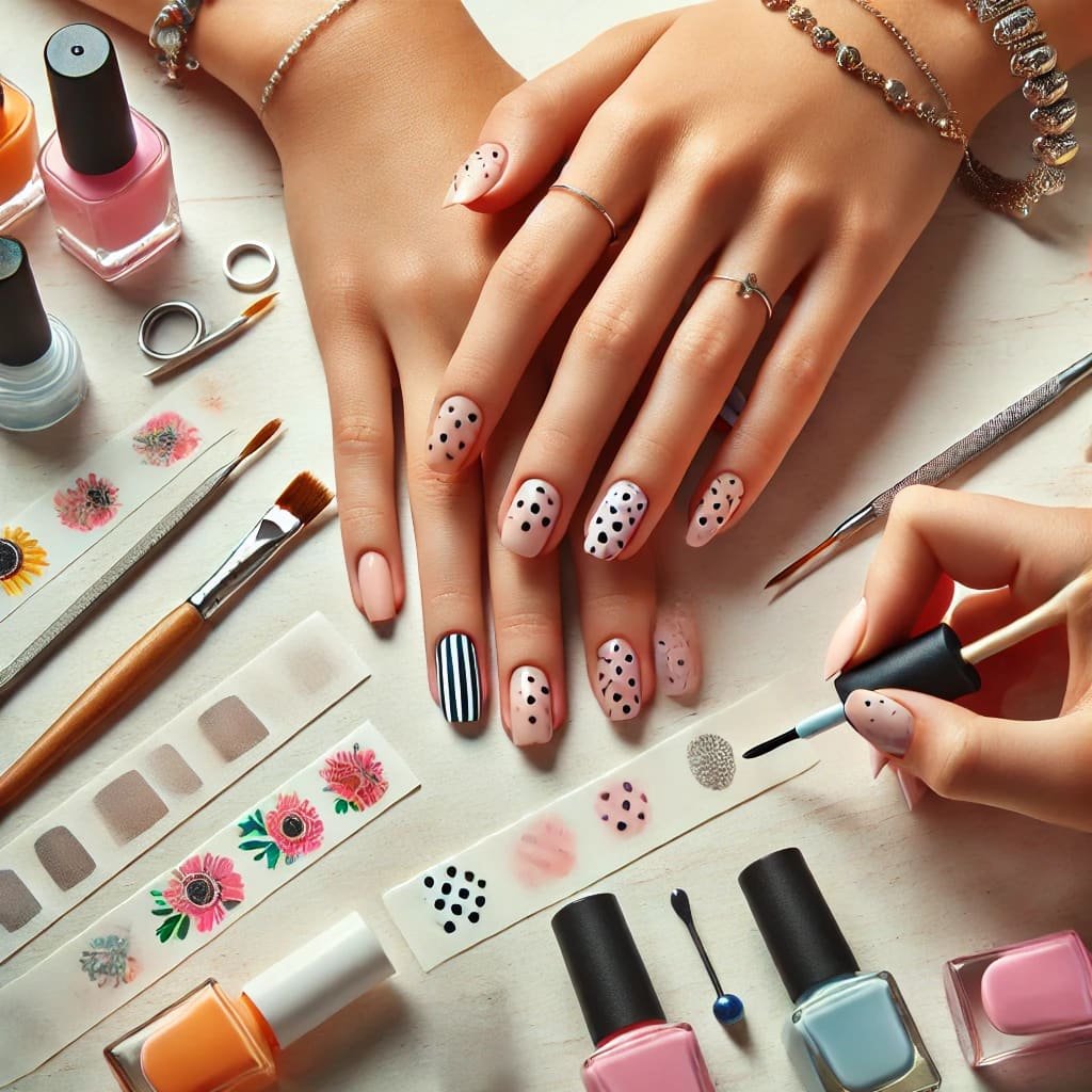 Close-up of hands with DIY summer nail designs