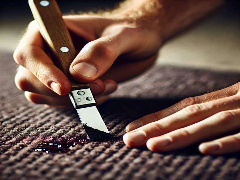 using a dull knife to gently scrape dried nail polish from a dark-colored carpet