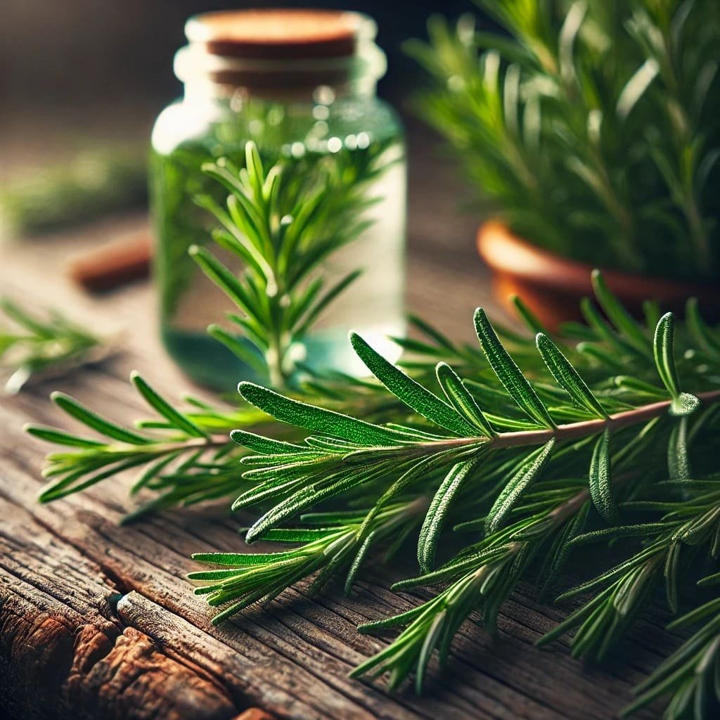 A close-up shot of fresh rosemary leaves on a rustic wooden table,