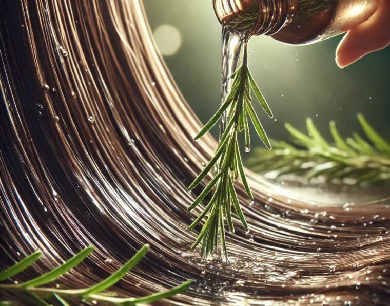 A realistic and artistic close-up of rosemary-infused water being poured over long, shiny hair. The focus is on the water as it flows smoothly through