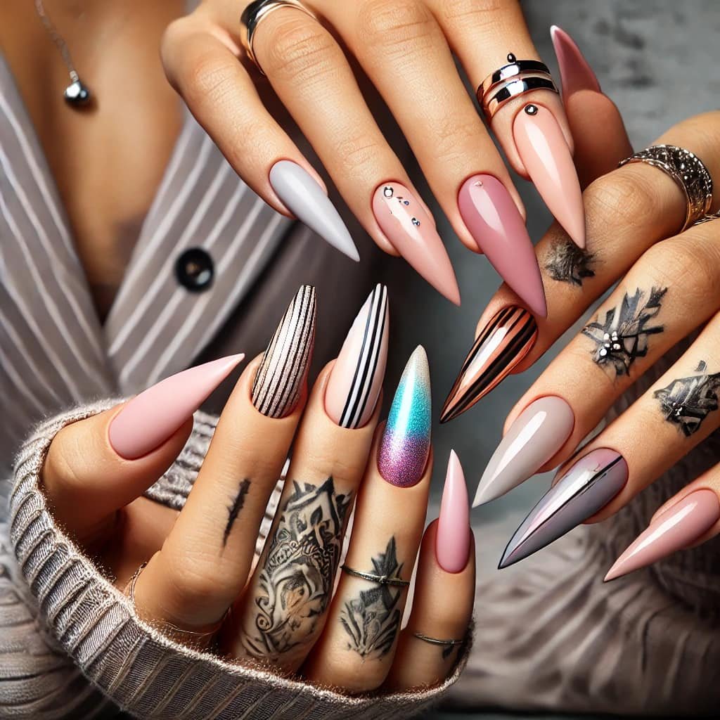 A stylish close-up of well-manicured hands with various acrylic nail