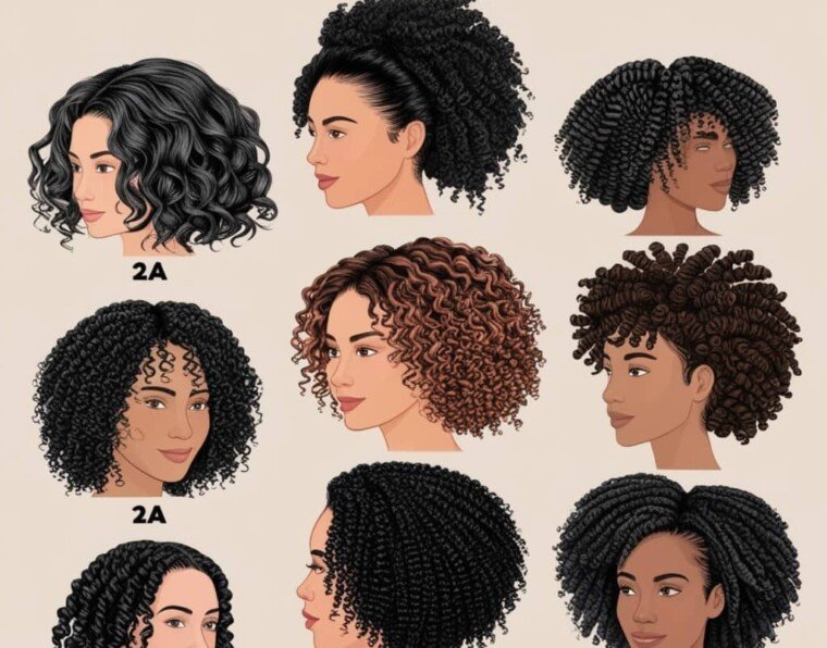 Visual representation of curly hair types ranging from 2A to 4C with detailed care tips.