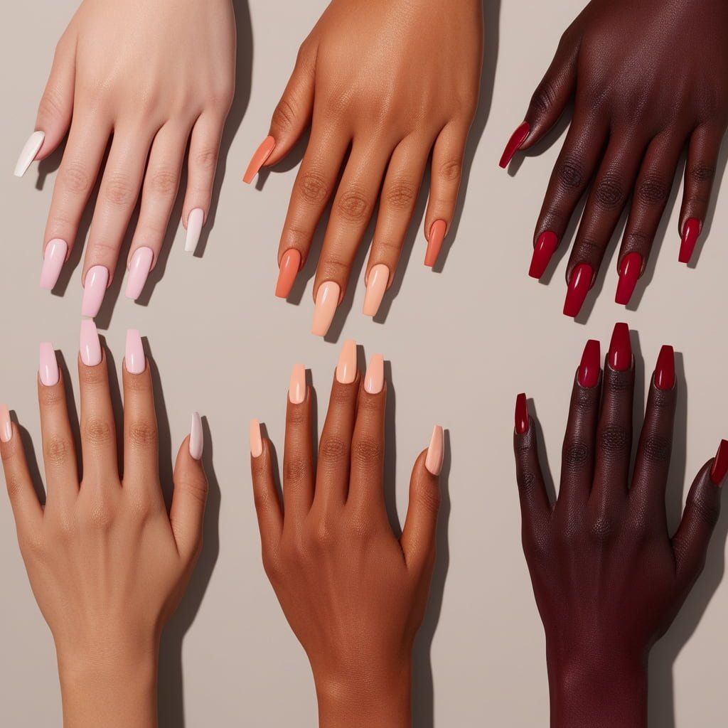 A series of hands with different skin tones, each showcasing coffin nails 