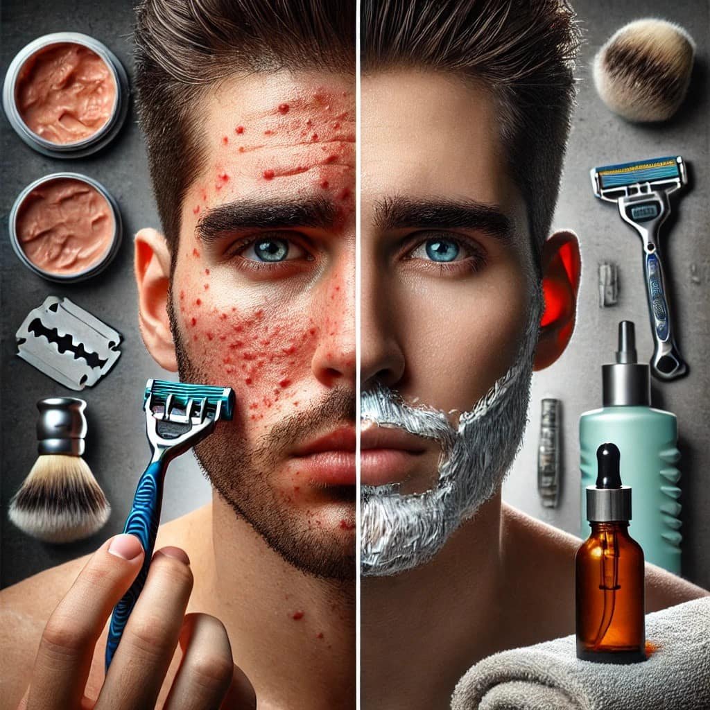 A split-screen image showing common post-shave mistakes on one side (redness, irritation) and correct skincare practices on the other (moisturizing, soothing).