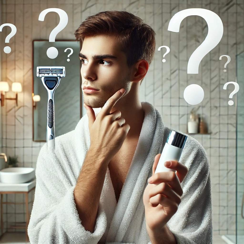 A close-up of a thoughtful person holding a razor and a skincare product, with question marks floating above their head, in a clean, modern bathroom.