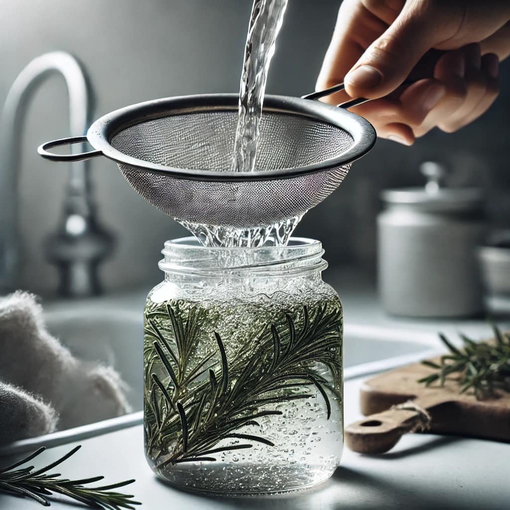 A detailed image showing the process of straining rosemary water into a glass bottle