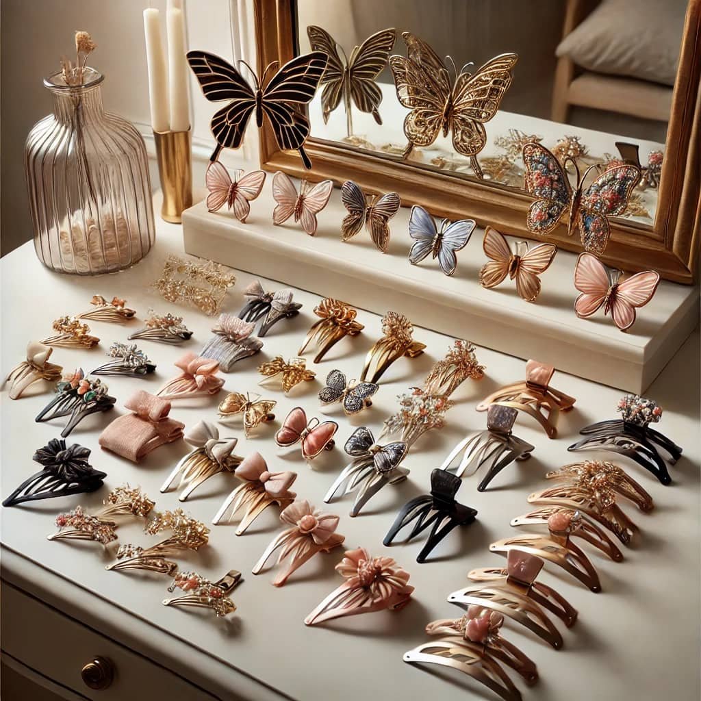 A diverse collection of hair clips displayed neatly on a stylish vanity