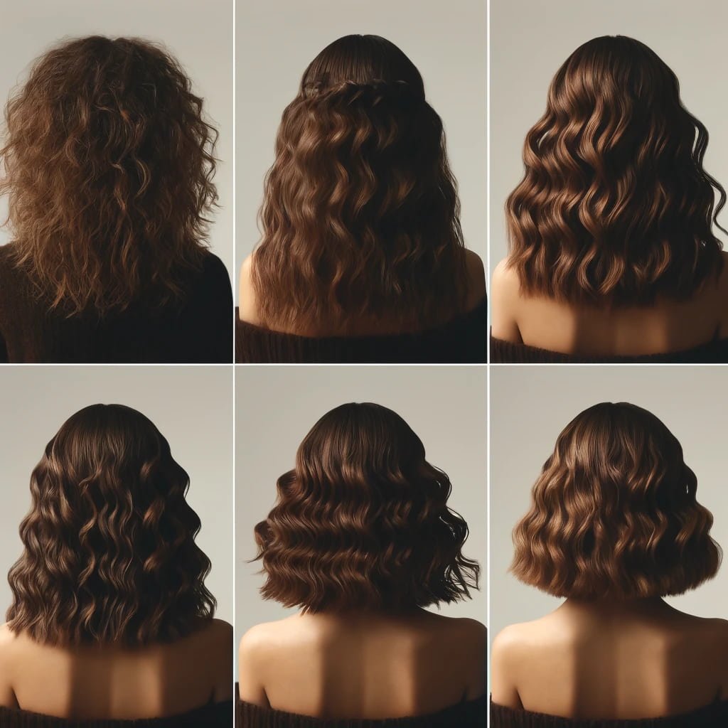 A series of images showing different styling techniques for wavy hair,