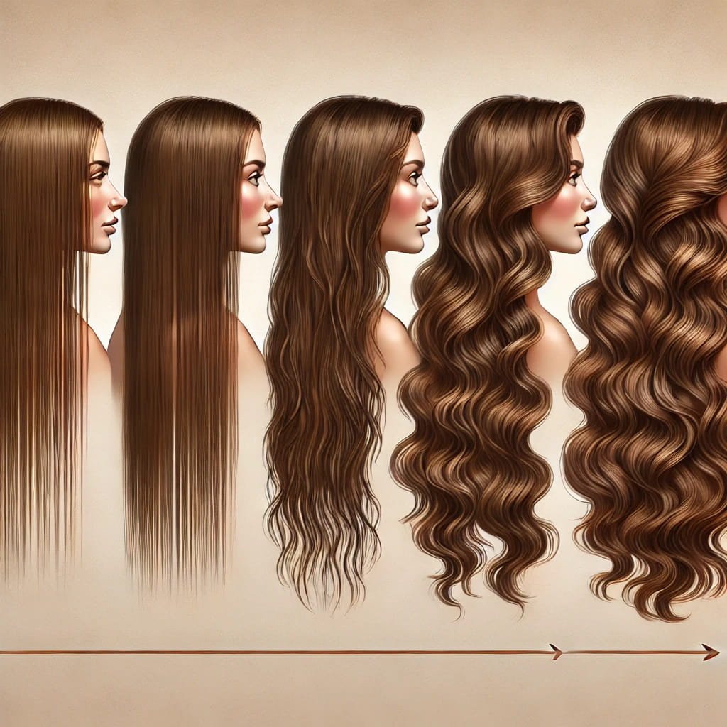 A timeline visual of transitioning hair from straightened to natural waves over time