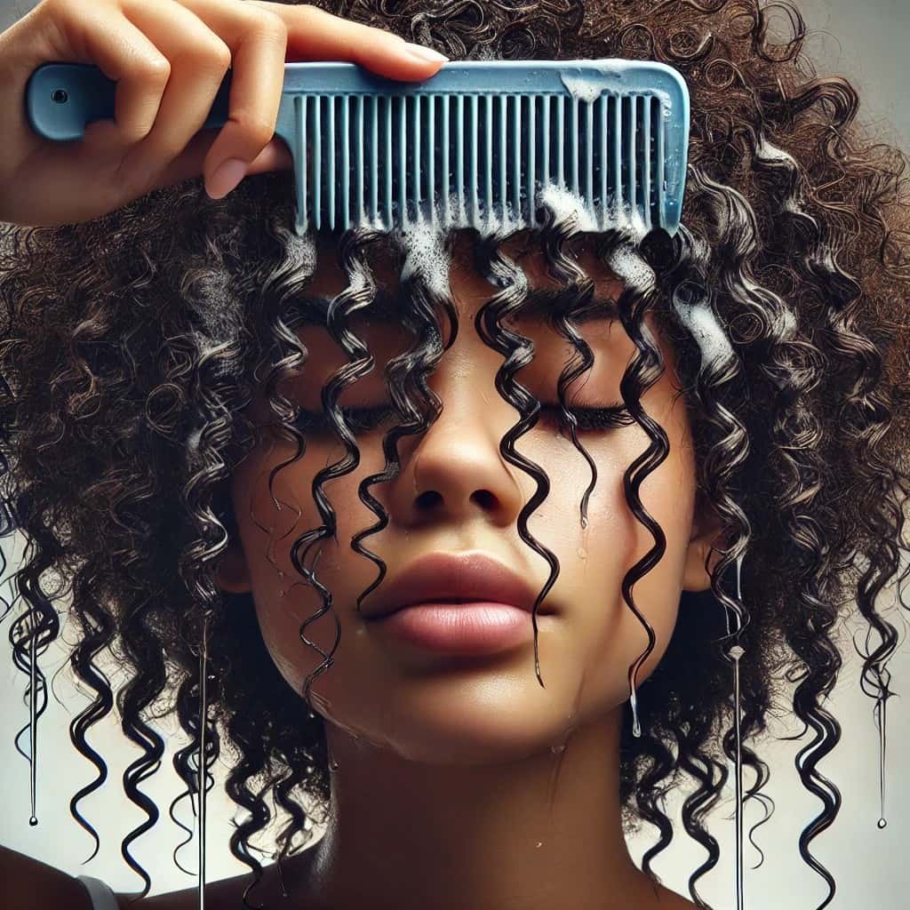 detailed image showing a person with 3C hair in the process of gently detangling their hair