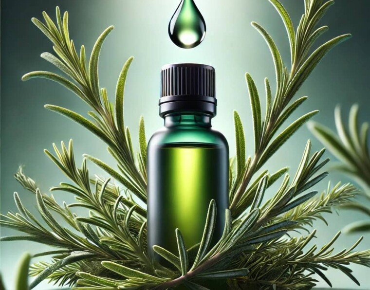 image of fresh rosemary sprigs intertwined with a modern bottle of rosemary essential oil