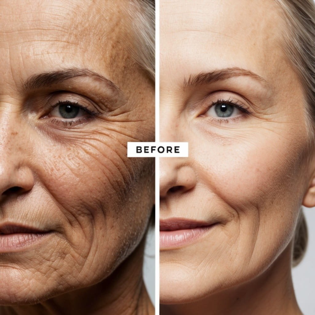 A before-and-after comparison image showing the effects of using Alastin Skincare products