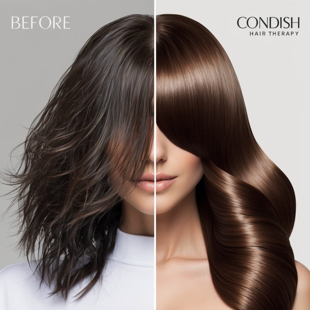 before and after results of using a hair therapy product.