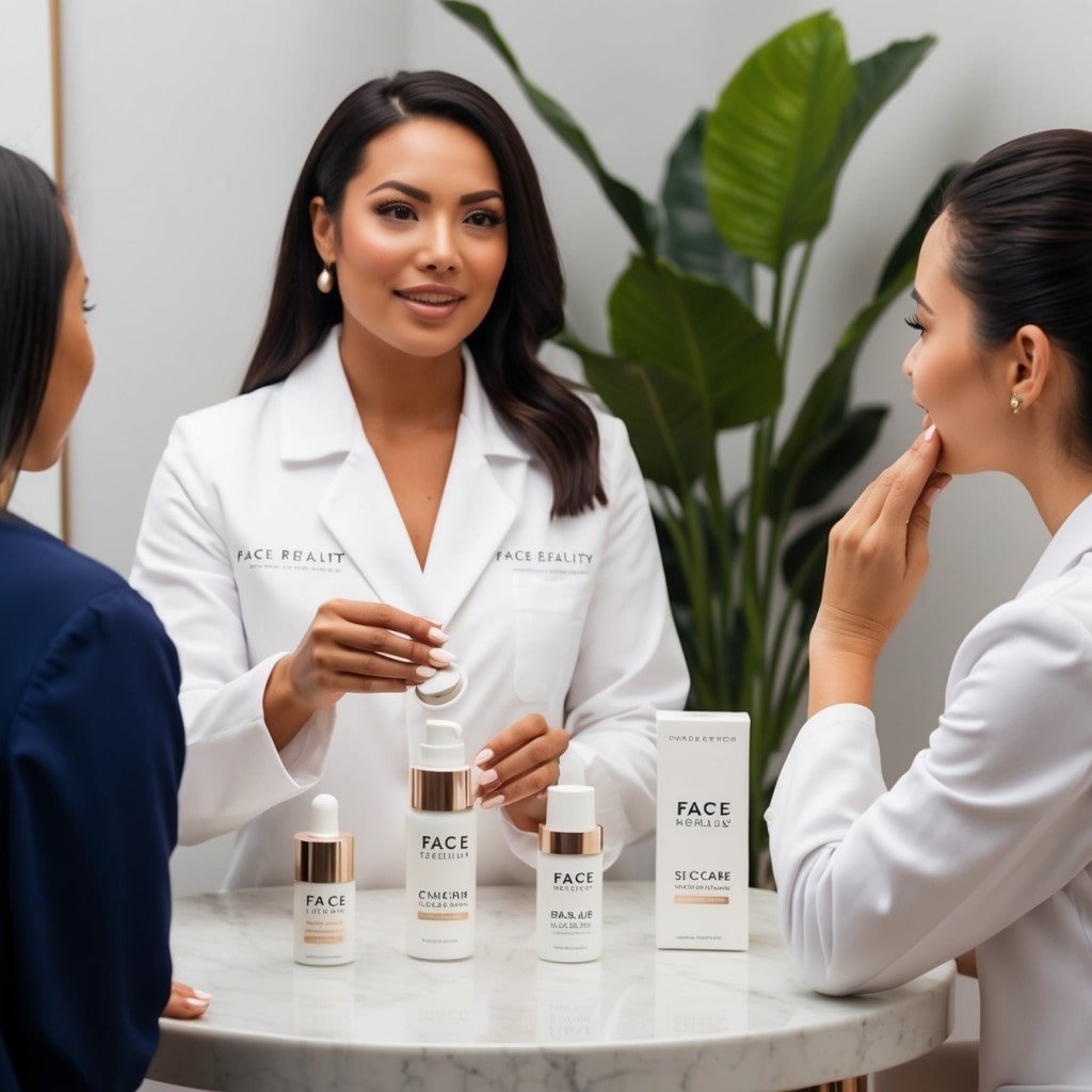 A professional skincare consultation scene where an esthetician discusses personalized skincare routines with a client