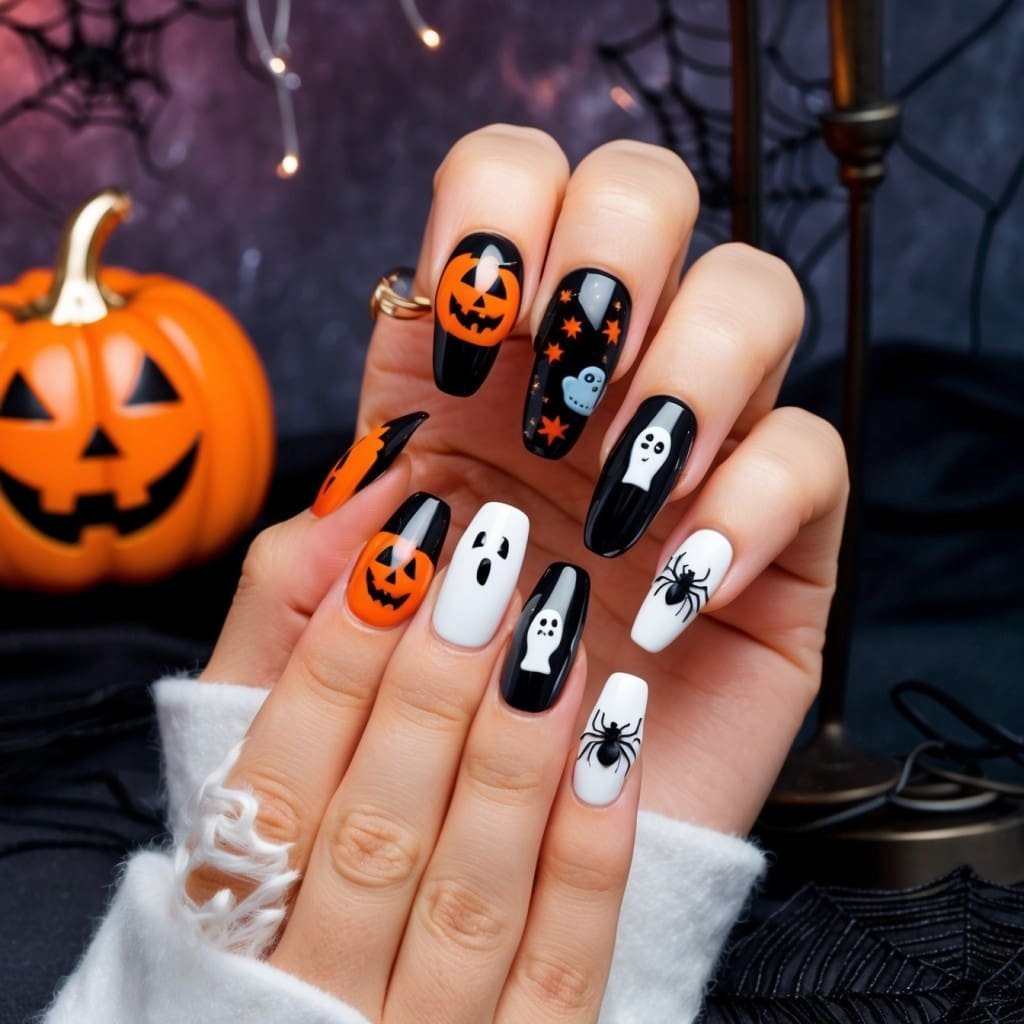 A set of stylish Halloween-themed press-on nails displayed on a hand