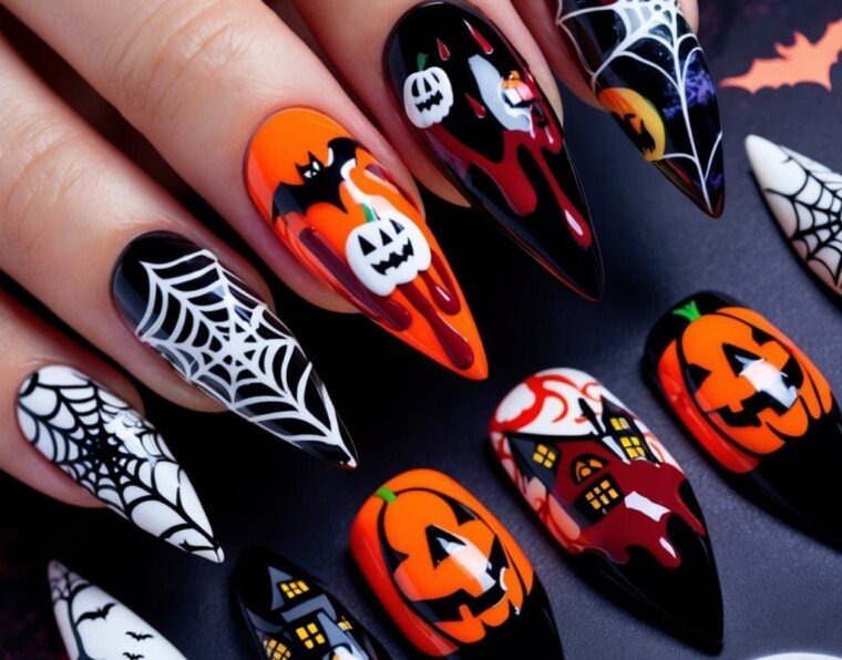 A stunning set of Halloween-themed acrylic nails displayed in a close-up shot