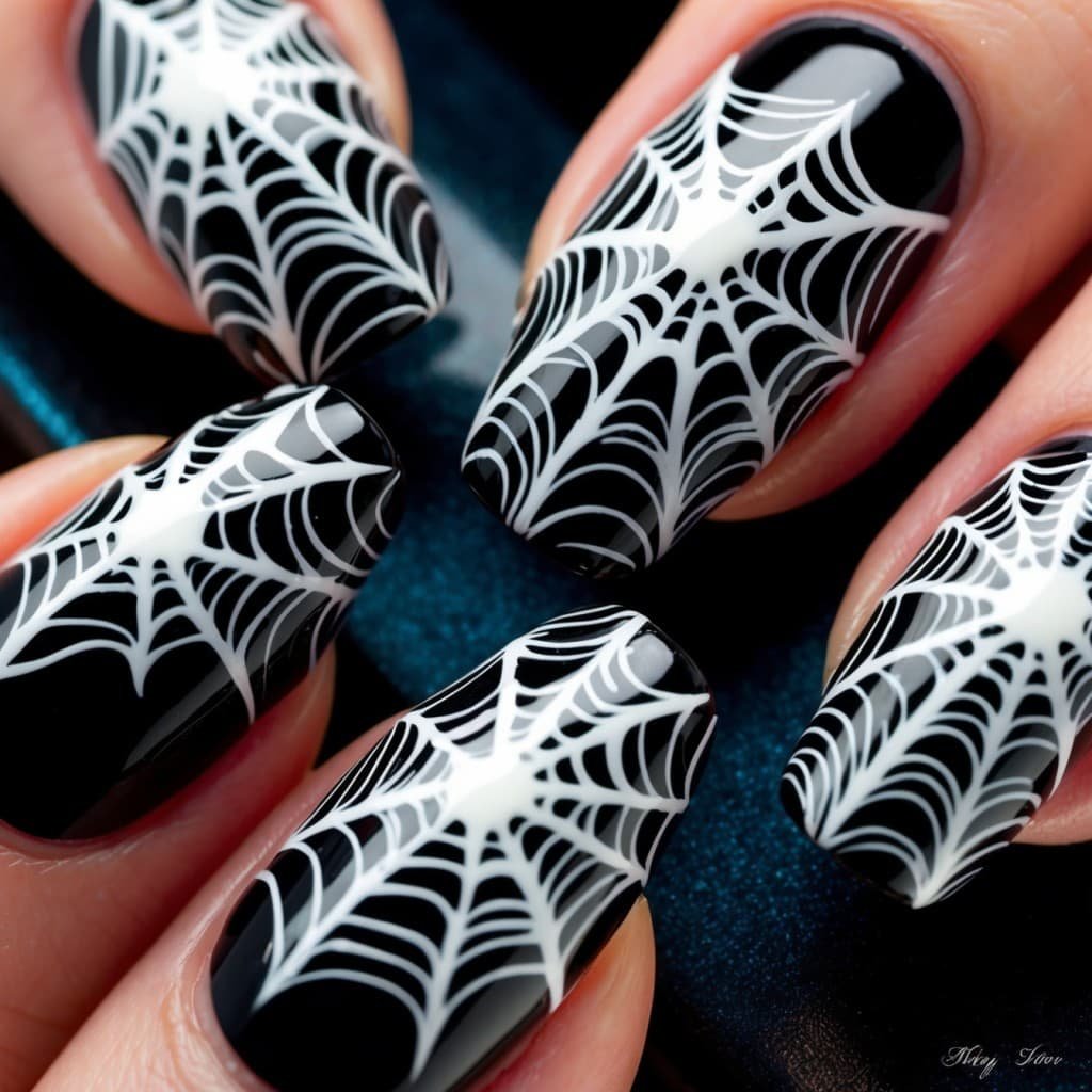 Close-up of Halloween acrylic nails with intricate white spider web 