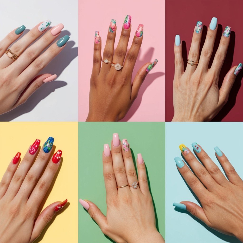 Hands posing with beautifully manicured nails in various summer designs