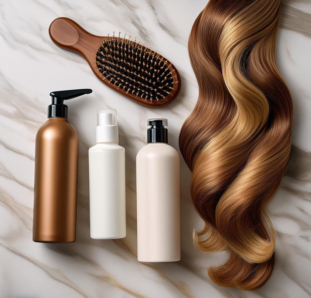 A flat lay of hair care products ideal for wavy hair