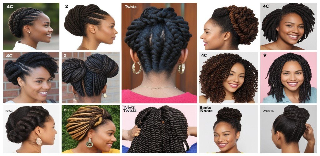 A collage showing various protective hairstyles for 4C hair