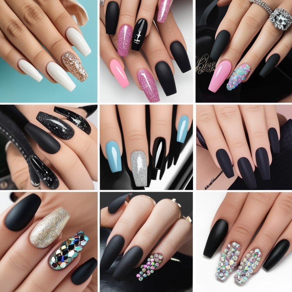 A collage of diverse coffin nail designs on different hands