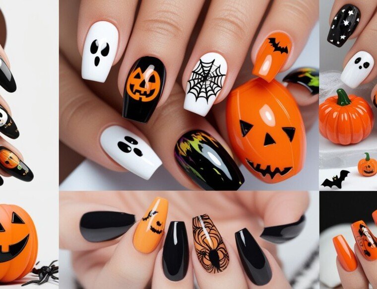 collage of different Halloween nail designs