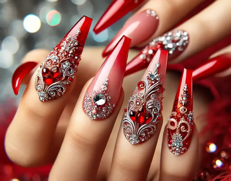 A close-up shot of a woman's hand featuring luxurious Buchona-style nails