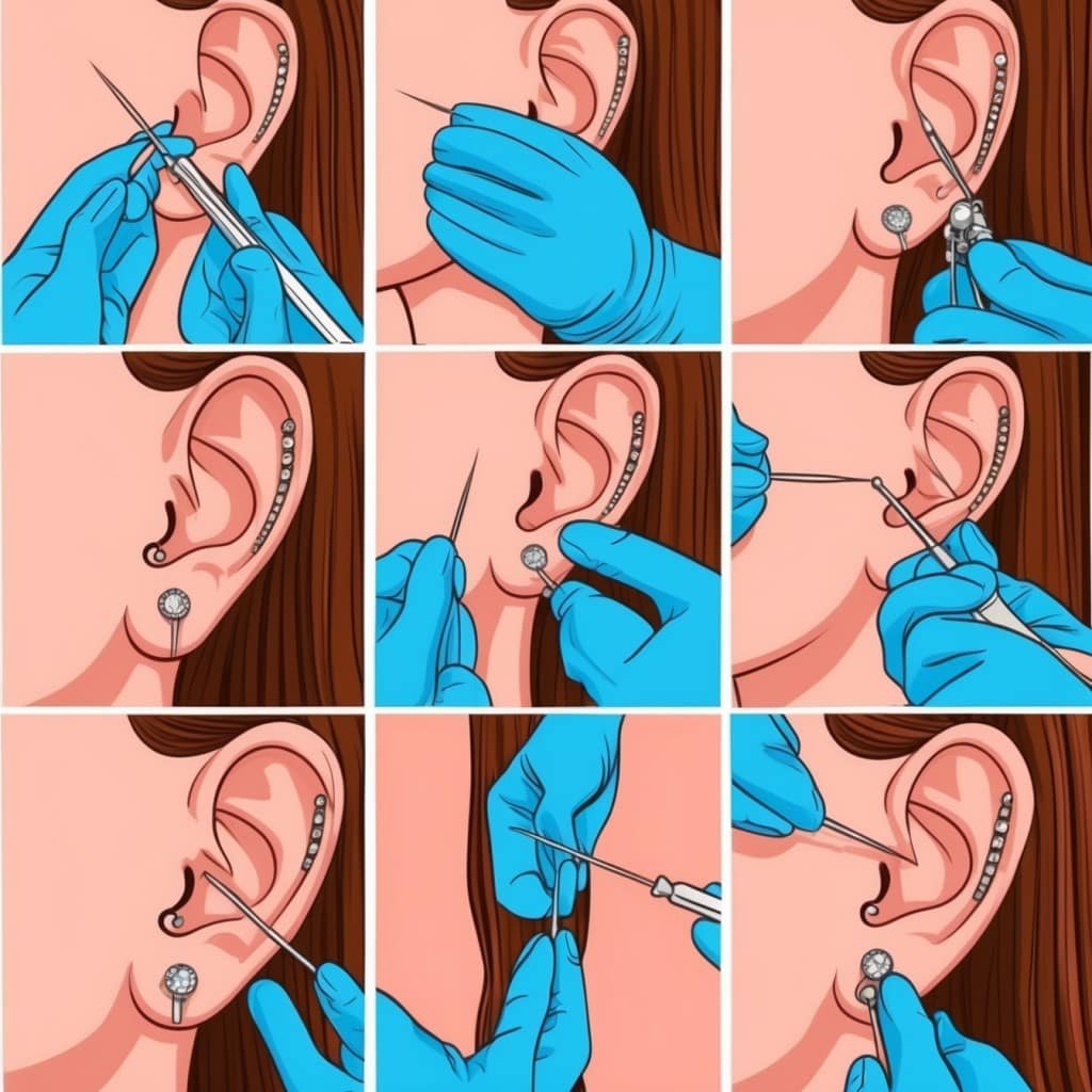 Step-by-step illustrations of a professional piercer performing a daith ear piercing